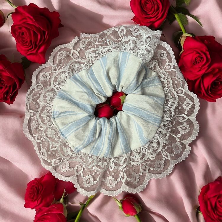 Striped Fabric Scrunchie With Lace Detail